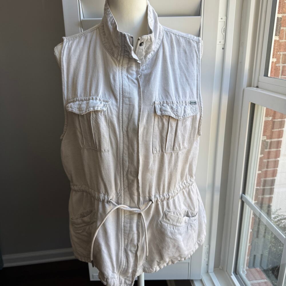 MAX JEANS Beige Oatmeal Linen Blend Cargo Utility Vest Womens Large - Picture 2 of 13